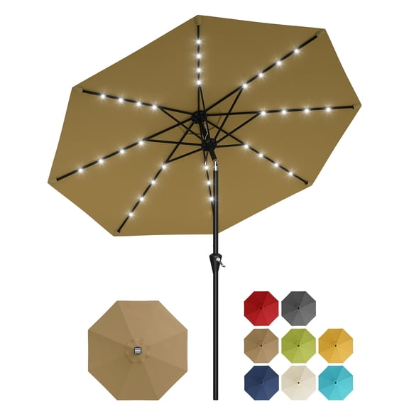 GOCAPTAIN Patio Umbrella Market Umbrella with 32 LED Solar Lights, 9FT Outdoor Garden Umbrella – Crank Lift & Push Button Tilt, Waterproof UV Protection, 8 Ribs – Patio Pool Deck, Khaki