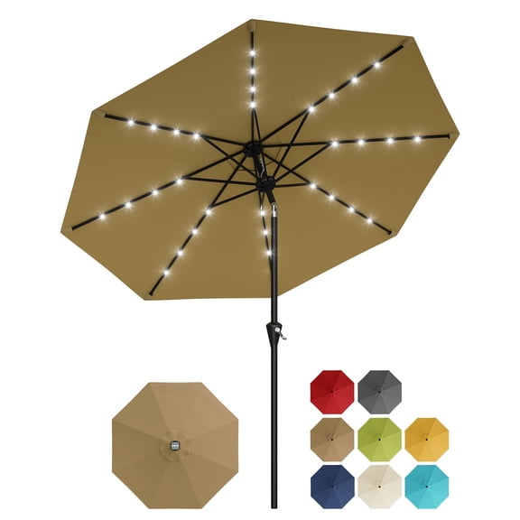 GOCAPTAIN Patio Umbrella Market Umbrella with 32 LED Solar Lights, 9FT Outdoor Garden Umbrella – Crank Lift & Push Button Tilt, Waterproof UV Protection, 8 Ribs – Patio Pool Deck, Khaki