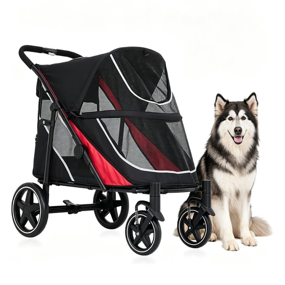 GOCAPTAIN Pet Stroller Dog Stroller – Heavy Duty Extra-Large Foldable Pet Stroller, All-Terrain 4-Wheels, Double Entry, Removable Mattress, Storage Basket, For Large Dogs Cats, Color: Black-red