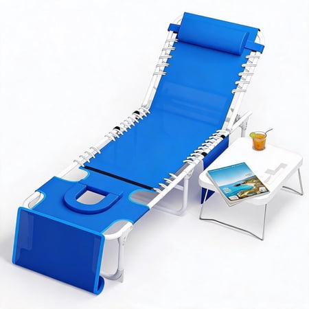 GOCAPTAIN Portable Tanning Bench Chair, 5-Position Adjustable Outdoor Lounge Chair with Folding Table, Face Hole, Pillow & Pocket, Perfect for Garden, Pool, Beach, Navy Blue