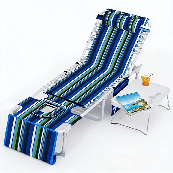 GOCAPTAIN Portable Tanning Bench Chair, 5-Position Adjustable Outdoor Lounge Chair with Folding Table, Face Hole, Pillow & Pocket, Perfect for Garden, Pool, Beach, Oxford Black Green White Stripes