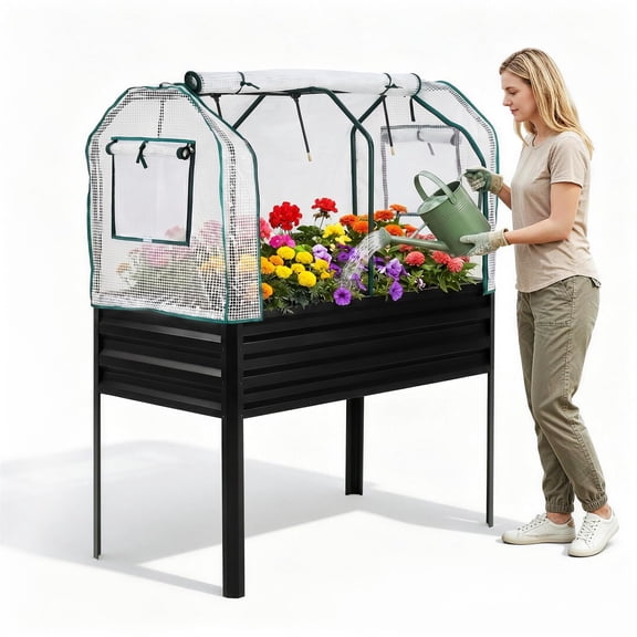 GOCAPTAIN Raised Garden Bed with Legs, Built-In Spray Irrigation and Protective Cover, Galvanized Metal Planter for Outdoor Vegetables, Flowers, Herbs, Black