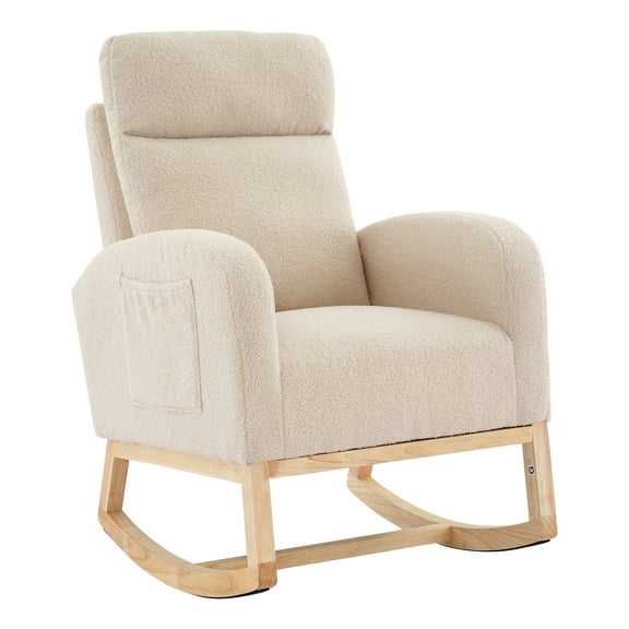 GOCAPTAIN Rocking Chair with Upholstery, High Wingback Rocker with Side Pockets and Rubber Wood Legs, Comfortable Accent Chair for Restaurant, Office, Nursery, Beige | Raw wood legs Plush fleece