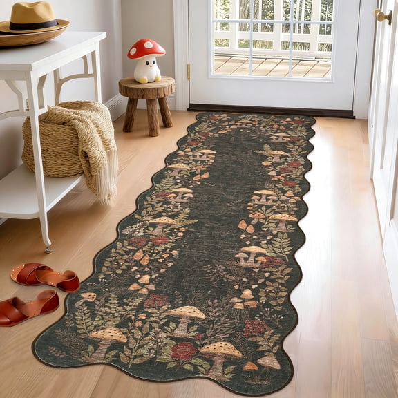 GOCAPTAIN Scalloped Edge Washable Area Rug in Mushroom Tone, Vintage Modern Low-Pile Neutral Floor Mat, Thin Non-Shedding Indoor Carpet for Living Room, Bedroom or Nursery, 2x6ft (61x183cm)