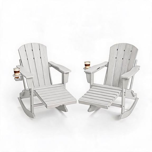 GOCAPTAIN Set of 2 Folding Adirondack Rocking Chairs Outdoor Rocking Chairs – All-Weather HDPE Patio Chairs with Retractable Ottoman, Cup Holder, Wood Texture – Patio, Garden, Fire Pit, White