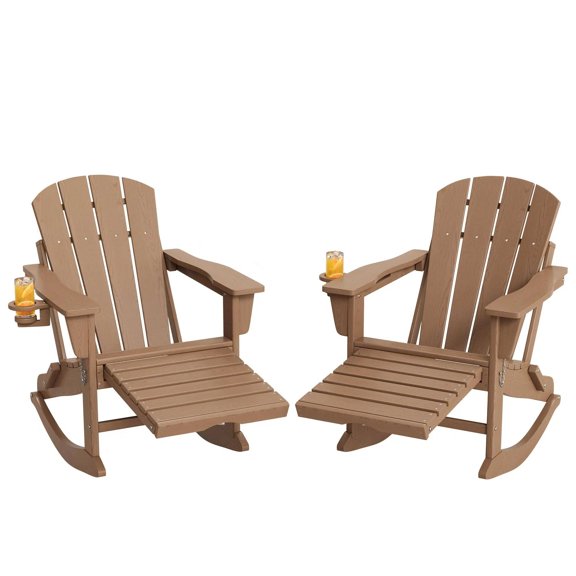 GOCAPTAIN Set of 2 Folding Adirondack Rocking Chairs Outdoor Rocking Chairs – All-Weather HDPE Patio Chairs with Retractable Ottoman, Cup Holder, Wood Texture – Patio, Garden, Fire Pit, Brown