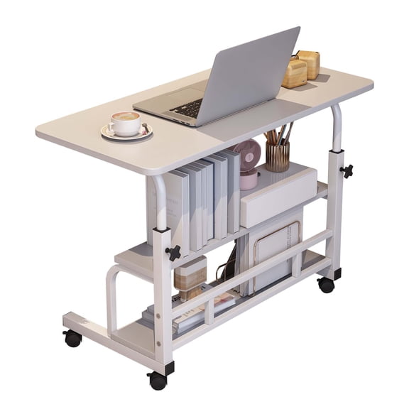 GOCAPTAIN Standing Desk Mobile Standing Desk – Adjustable Height Laptop Table with Wheels & Storage Shelves, Ergonomic Space-Saving Workstation for Home Office, School – White, 31.5" x 15.75"