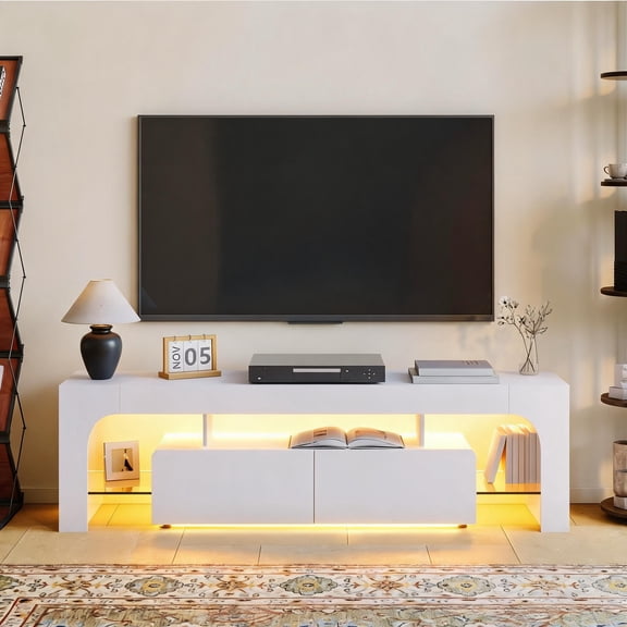 GOCAPTAIN TV Stand for 65-70" TVs, Modern TV Cabinet with LED Light and 2 Drawers, Media Television Stand Entertainment Center, White