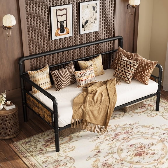 GOCAPTAIN Twin Size Daybed Frame, Metal Sofa Bed with Headboard, Steel Slat Support, No Box Spring Needed, Sandblasted Black
