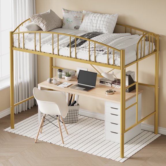 GOCAPTAIN Twin Size Loft Bed Frame, Heavy-Duty Metal Bed Frame with Ladder and Full-Length Arched Guardrail, Gold