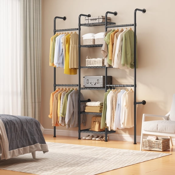 GOCAPTAIN Wall Mounted Clothes Rack, Heavy Duty Carbon Steel Garment Organizer with Expandable Rods & 6 Wire Shelves, Industrial Pipe Closet Organizer System for Hanging Clothes, Black, 6 Layers