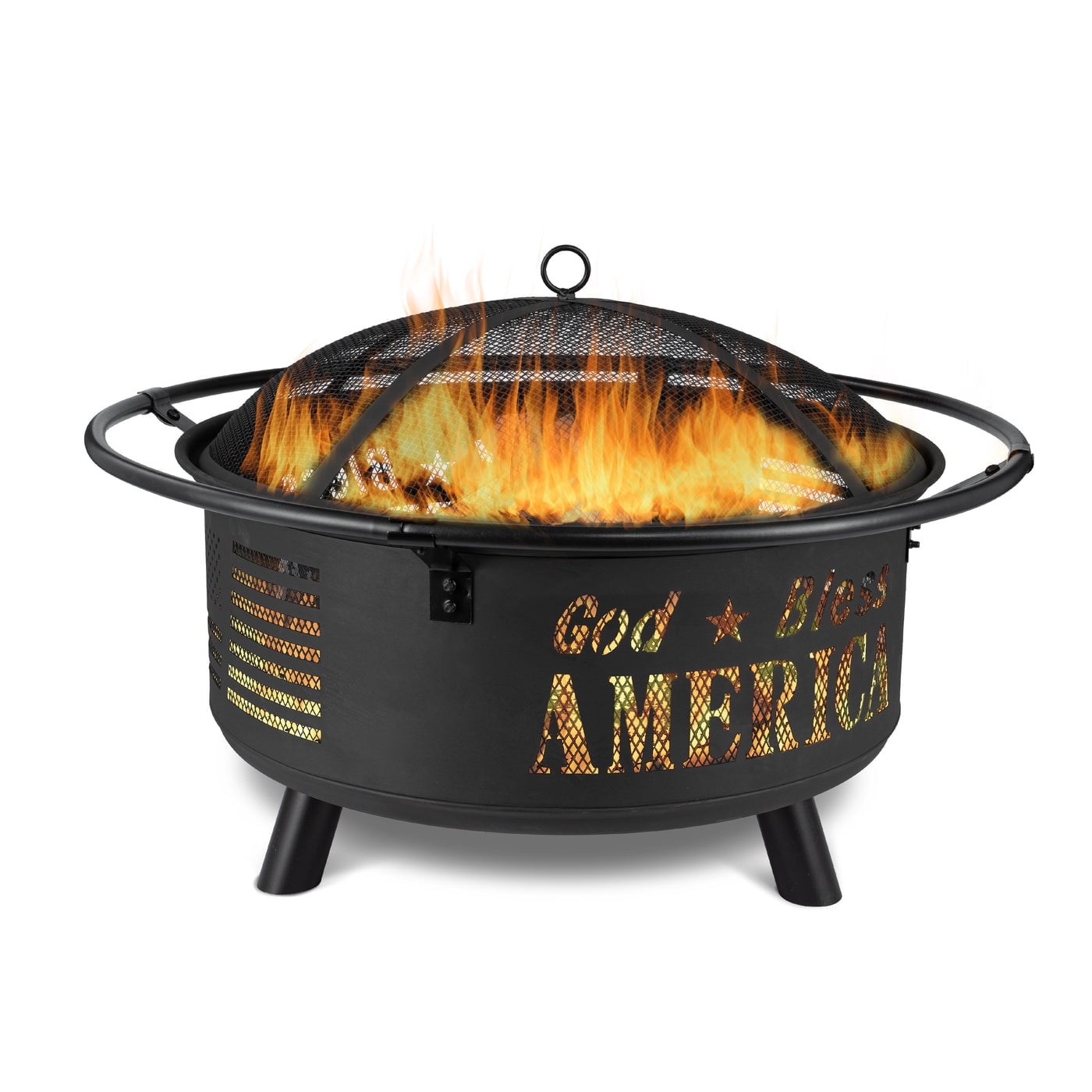 God Bless America Black Powder-Coated Steel Fire Pit