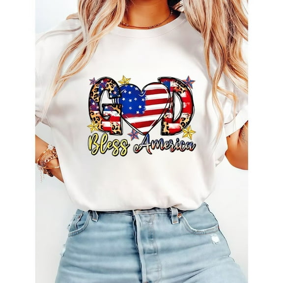 GOD Bless America Print T Shirts Independence Day Patriotic Graphic Tees Short Sleeve Casual Cotton Tops for Daily Outfits White,L