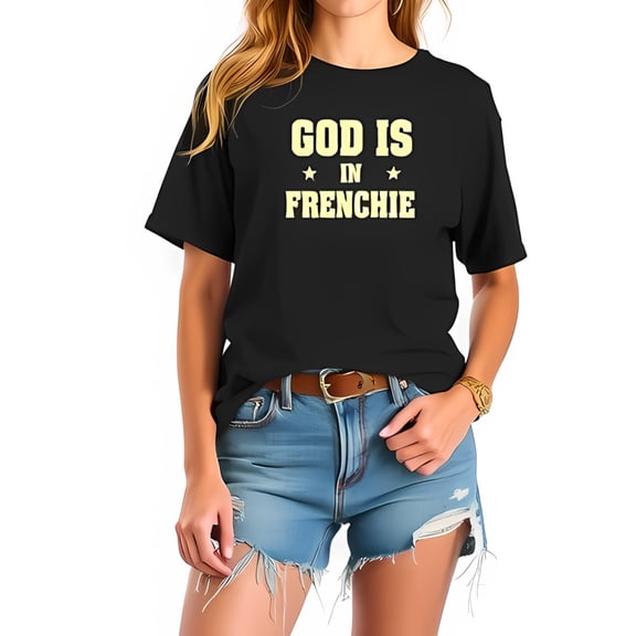 GOD IS IN FRENCHIE Graphic Cotton Short Sleeve T-Shirt - Playful Cream Design with Stars