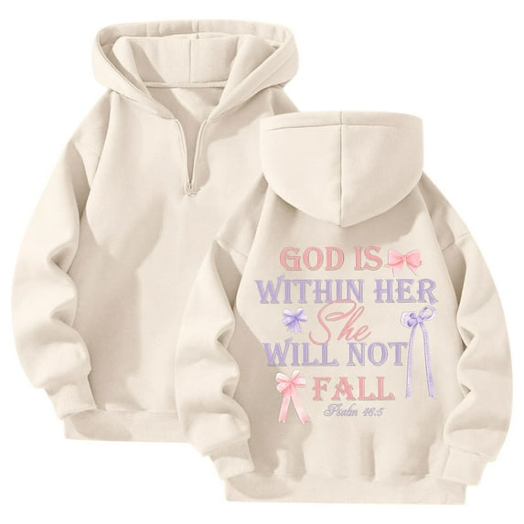GOD IS WITHIN HER SHE WELL NOT FALL 1/4 Zipper Up Bow Hoodies Pullover Fleece Lined Fall Winter Long Sleeve Clothes Casual Soft Tops (Beige, L)