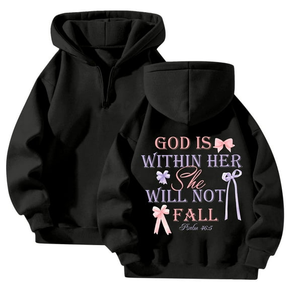 GOD IS WITHIN HER SHE WELL NOT FALL 1/4 Zipper Up Bow Hoodies Pullover Fleece Lined Fall Winter Long Sleeve Clothes Casual Soft Tops (Black, S)