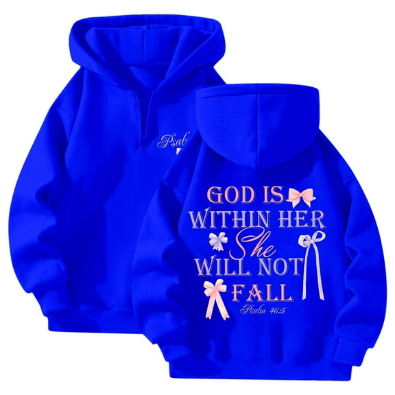 GOD IS WITHIN HER SHE WELL NOT FALL 1/4 Zipper Up Bow Hoodies Pullover Fleece Lined Fall Winter Long Sleeve Clothes Casual Soft Tops (Blue, XXL)