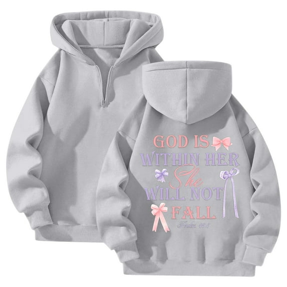 GOD IS WITHIN HER SHE WELL NOT FALL 1/4 Zipper Up Bow Hoodies Pullover Fleece Lined Fall Winter Long Sleeve Clothes Casual Soft Tops (Grey, S)