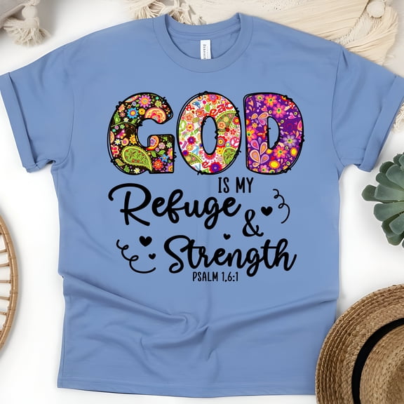 GOD Retro Floral T-Shirt | Colorful Hippie Christian Graphic Tee, CarolinaBlue, Size L