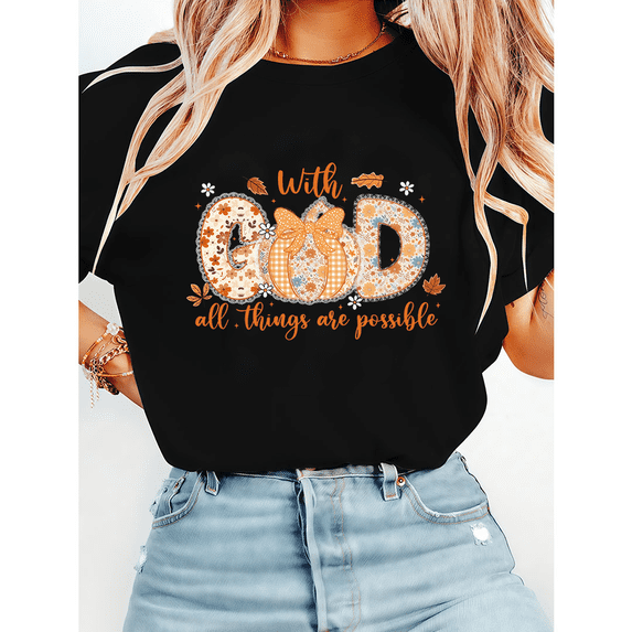 With GOD All Things Are Possible Print T-shirts Preppy Floral Fall Lace Pumpkin Graphic Tees Short Sleeve Casual Flower Tops for Daily Outfits Black,4XL