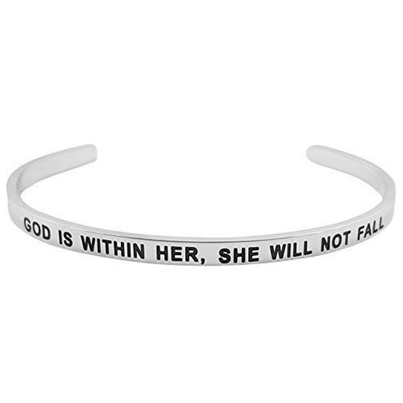 GOD IS WITHIN HER, SHE WILL NOT FALL PSALM 46:5" - Inspirational Cuff Bracelet Bible Verse Positive Message Mantra Religious Christian Jewelry Gifts for Women Teens Her (Silver Tone)