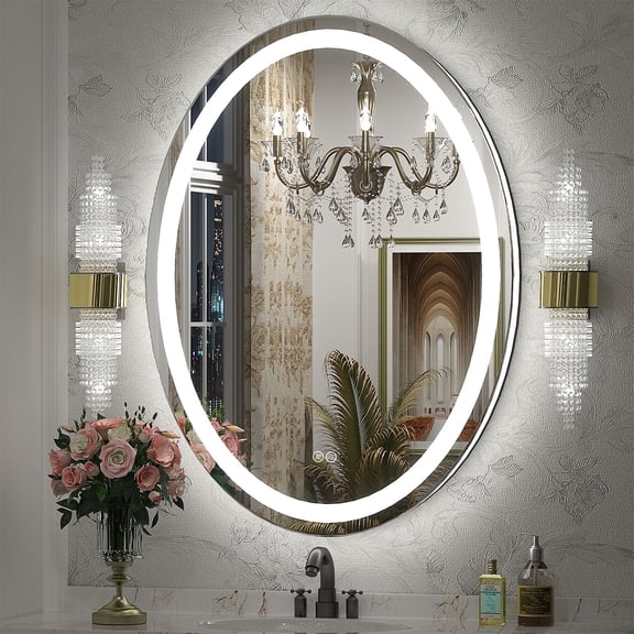 GODCHAR 32x24 inch Oval LED Wall Mirror with Front and Backlit,AntiFog Frameless Bathroom Vanity Mirror Dimmable 3 Colors