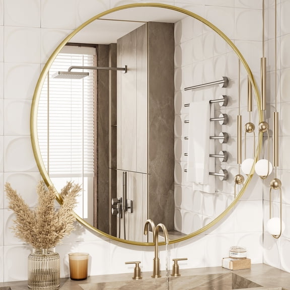 GODCHAR 40" Round Wall Mounted Bathroom Vanity Mirror Metal Frame Shatterproof Glass Decor