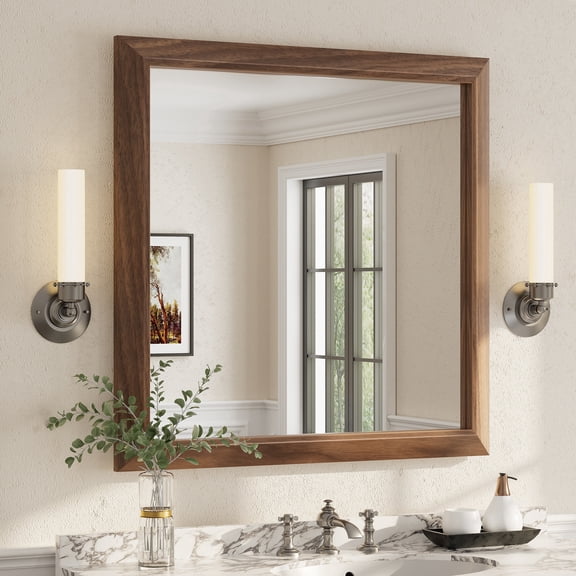 GODCHAR Shatterproof 36" x 36" Walnut Modern Wall Mirror
