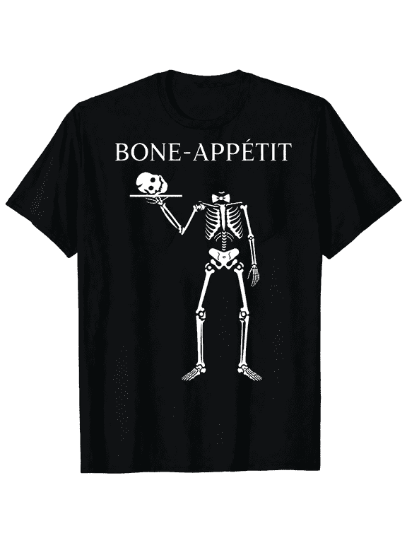 Bone Appetit Skeleton Waiter Cotton Halloween Graphic T Shirt Funny Chef Tee for Unisex Adults