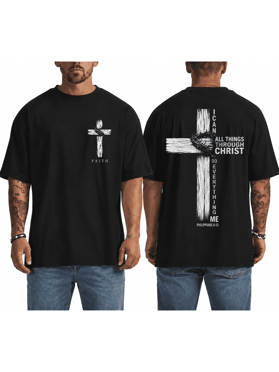 Christian Shirts for Men Vintage Religious Cross Philippians 4 13 Bible Verse T Shirt Jesus Faith Inspirational Graphic Tee