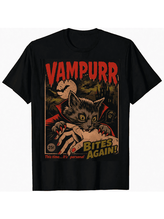 Vampire Black Cat Halloween T Shirt Unisex Vintage Bites Again Graphic Tee for Adults