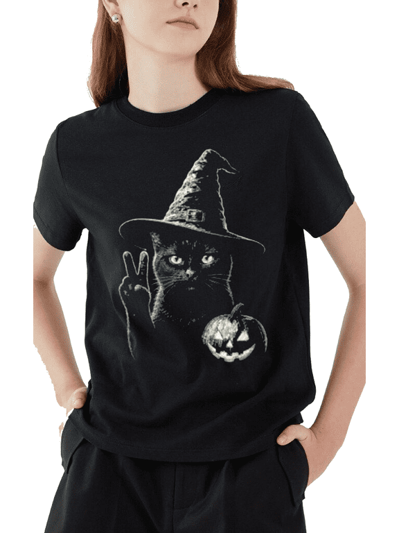 Witch Black Cat Halloween T Shirt Spooky Pumpkin Graphic Tee for Women Cat Lovers