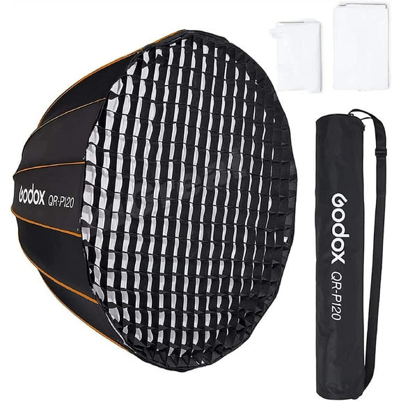 GODOX QR-P120 47.1 Inch/120CM Parabolic Softbox Bowens Mount, Quick Release Parabolic Softbox, with Front & Inner Diffuser SL-60W AD600BM VL150 UL150 SL150II Amaran 100X 200D 200X w/Grid