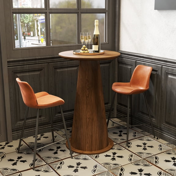 GODPAW 37.4''H Round Wood High Top Bar Table, Mid Century Modern Walnut Bistro Cocktail Table with Fluted Panel for Patio, Kitchen Nook