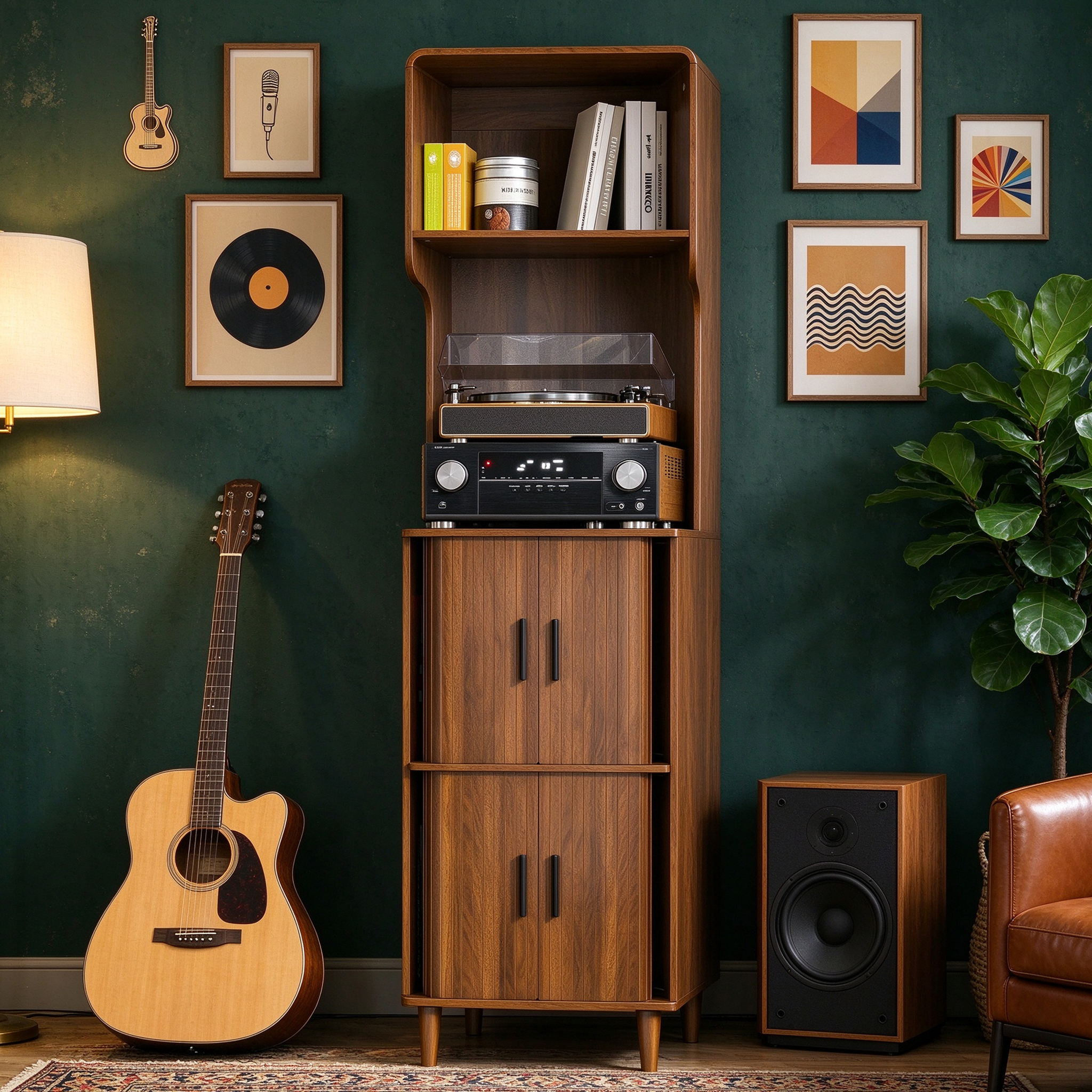 GODPAW 69" Tall Record Player Stand with Sliding Doors, 4-Tier Fluted Vinyl Record Storage Cabinet, Walnut