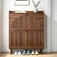 thumbnail image 1 of GODPAW 9.5" Narrow Freestanding Shoe Cabinet Storage, 2 Fluted Flip Drawers, Top Shelf & Adjustable Shelves, Entryway, Walnut, 1 of 9