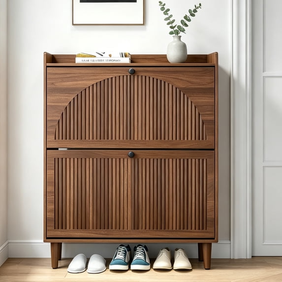 GODPAW 9.5" Narrow Freestanding Shoe Cabinet Storage, 2 Fluted Flip Drawers, Top Shelf & Adjustable Shelves, Entryway, Walnut