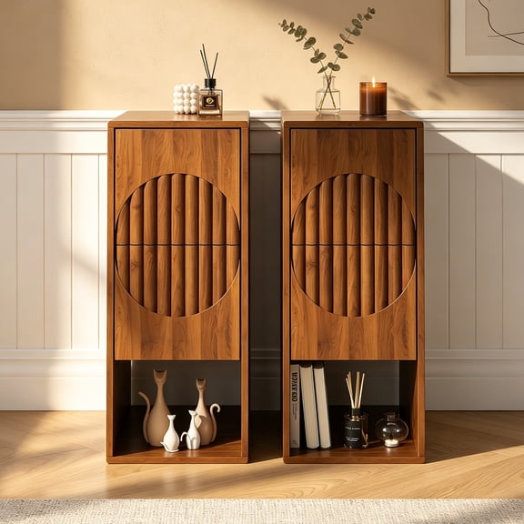 GODPAW 9.8" Set of 2 Narrow Nightstands with 2 Drawers, Fluted Bedside Tables, Walnut