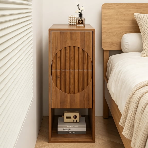 GODPAW 9.8" Narrow Nightstand with 2 Drawers, Fluted Bedside Table, Slim End Table for Small Spaces, Walnut