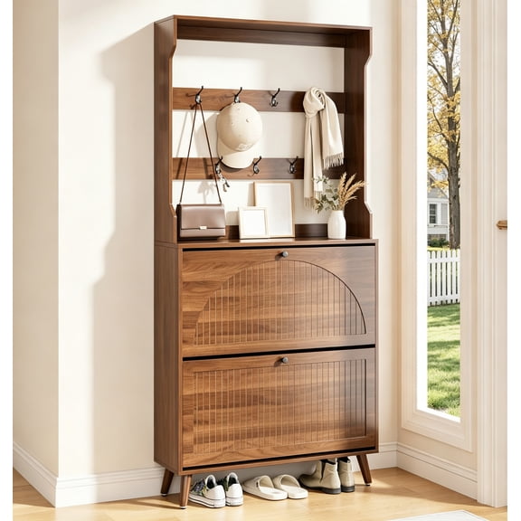 GODPAW Narrow Shoe Cabinet with 2 Flip Drawers, Coat Rack & Adjustable Shelves, Black