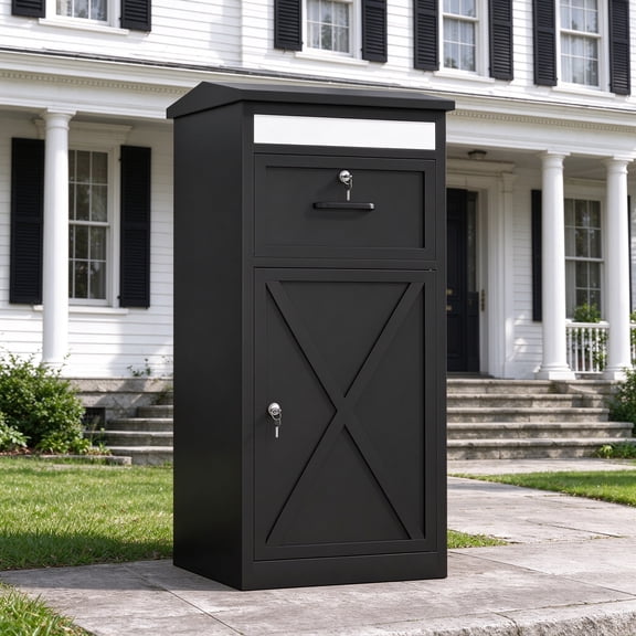 GODPAW Outdoor Package Delivery Box with Lock and Mailbox, Water-Resistant Galvanized Steel Parcel Drop Box, Black