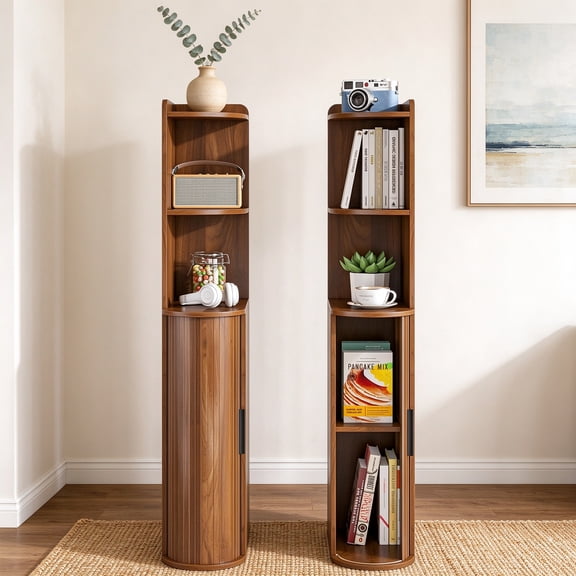 GODPAW Set of 2 Tall Nightstand with Sliding Doors, Open Shelf, Fluted Design, 7.8"D, 43"H