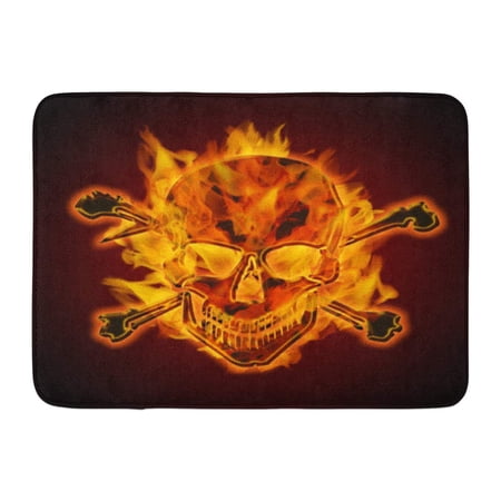 GODPOK Abstract Head Fire Burning Flaming Metal Skull with Crossbones on Dark Spooky Anatomy Rug Doormat Bath Mat 23.6x15.7 inch