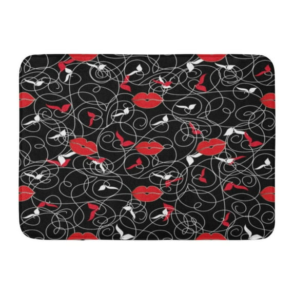 GODPOK Abstract Modern Black Floral with Vintage Line Tracery Ornaments Leaves and Woman Red Lips Linens Rug Doormat Bath Mat 23.6x15.7 inch