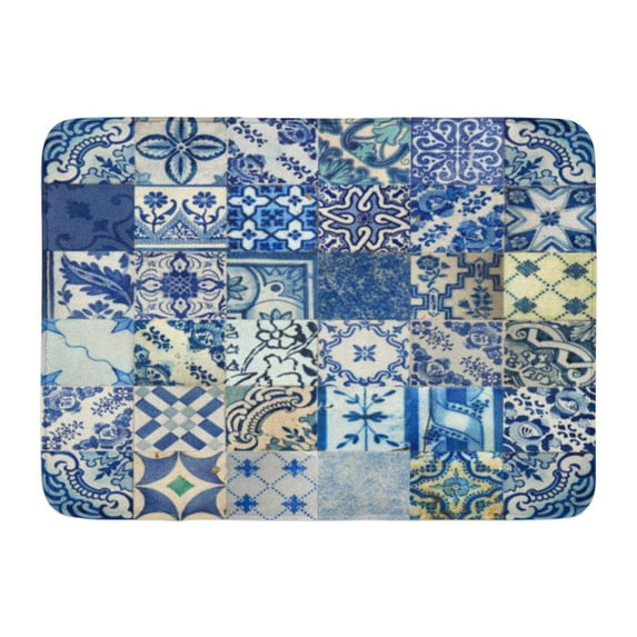 GODPOK Aged Colorful Moroccan of Different Blue Patterns Tiles in Lisbon Portugal Abstract Ancient Rug Doormat Bath Mat 23.6x15.7 inch