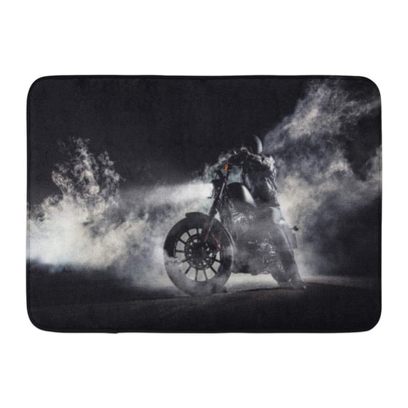 GODPOK Black Motorbike High Power Motorcycle Chopper with Man Rider at Night Fog with Backlights on White Bar Rug Doormat Bath Mat 23.6x15.7 inch