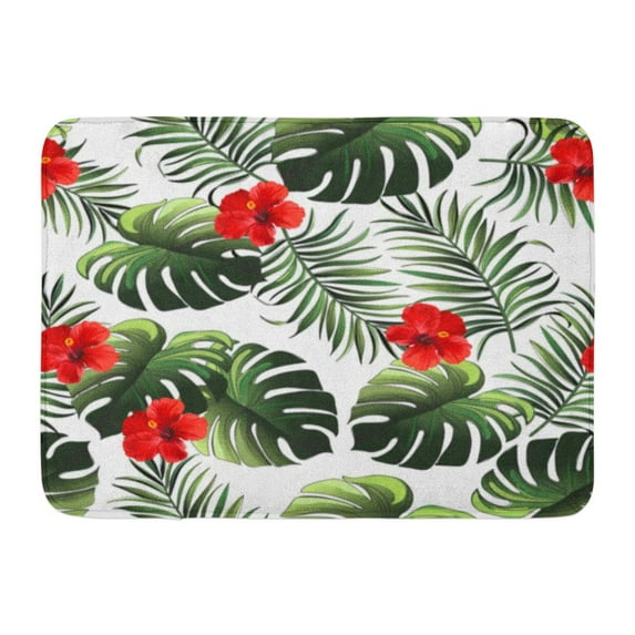 GODPOK Blooming Colorful Aloha Exotic Pattern with Green Palm Leaves and Hibiscus Flower Beach Botanical Rug Doormat Bath Mat 23.6x15.7 inch