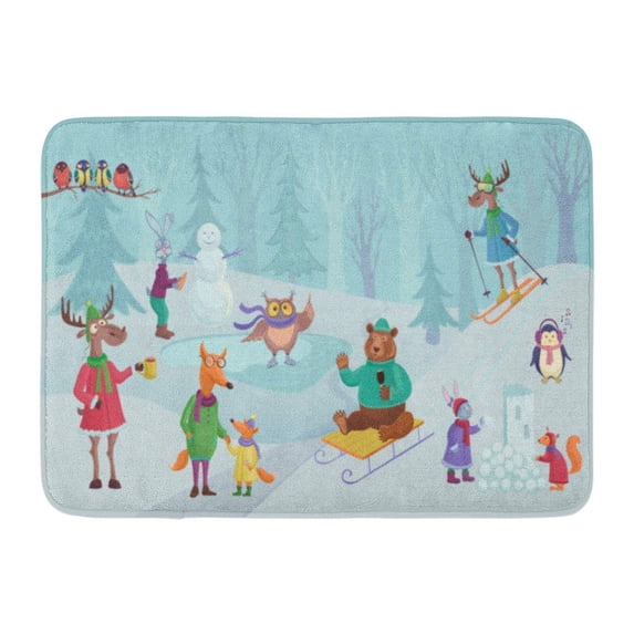 GODPOK Blue Bear Winter Landscape with Funny Little Cartoon Animals in Games on The Snow White Christmas Rug Doormat Bath Mat 23.6x15.7 inch