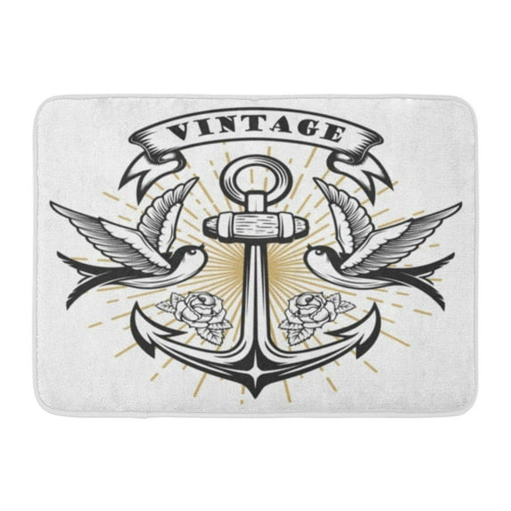 GODPOK Blue Sailor Old School Style Swallow with Anchor Tattoo Design for Label Emblem Sign Colorful Flash Rug Doormat Bath Mat 23.6x15.7 inch