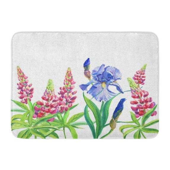 GODPOK Blue Violet Irises Pink Lupine Watercolor Flowers Leaves on White Birthday Spring Summer Holiday Rug Doormat Bath Mat 23.6x15.7 inch